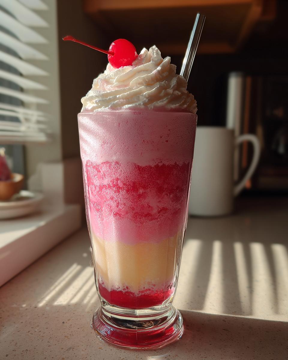 A tall glass filled with a layered Valentine’s Day Cherry Vanilla Cream Soda, topped with whipped cream and a cherry.