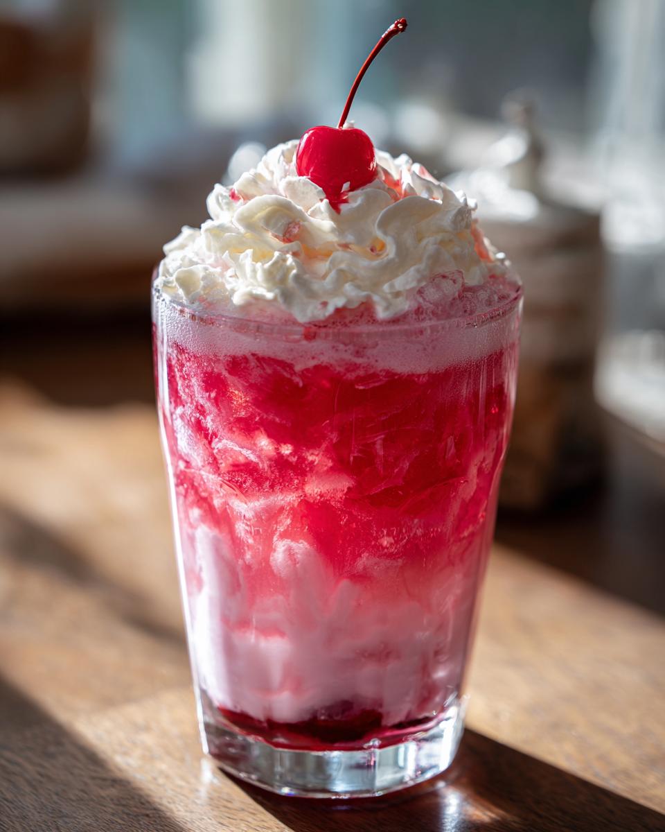 A festive Valentine’s Day Cherry Vanilla Cream Soda topped with whipped cream and a maraschino cherry.
