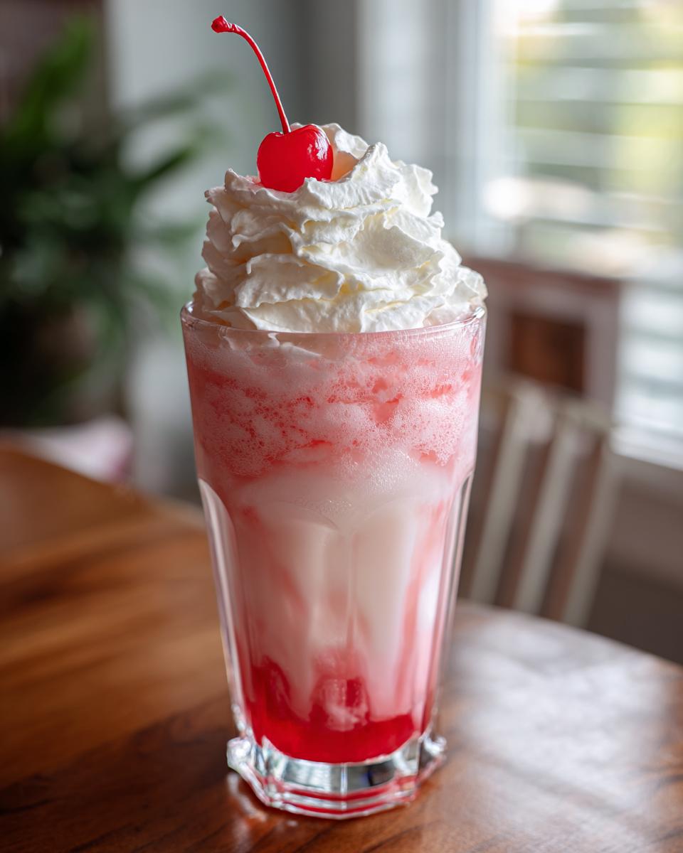 A tall glass filled with Valentine’s Day Cherry Vanilla Cream Soda, topped with whipped cream and a maraschino cherry.