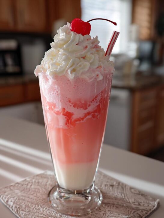 A festive Valentine’s Day Cherry Vanilla Cream Soda topped with whipped cream and a cherry.