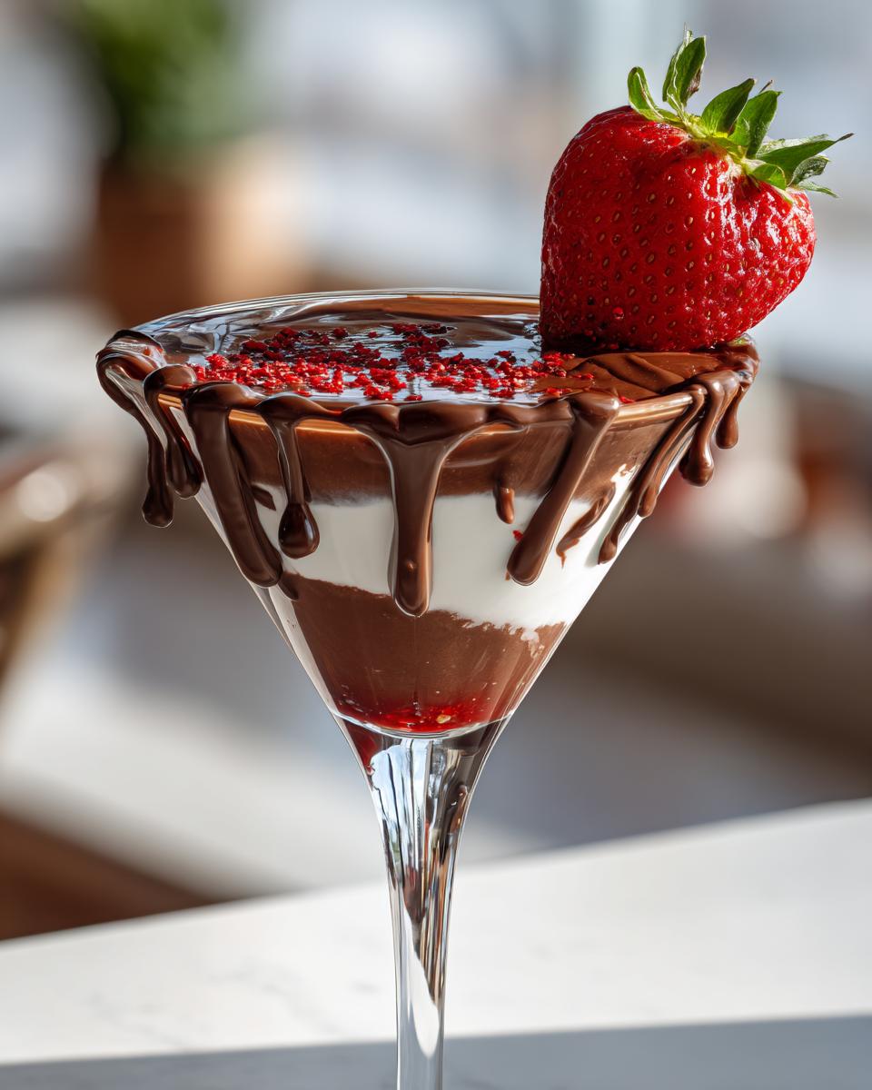 A decadent Valentine&rsquo;s Day Chocolate-Covered Strawberry Martini, garnished with a fresh strawberry and chocolate drizzle.