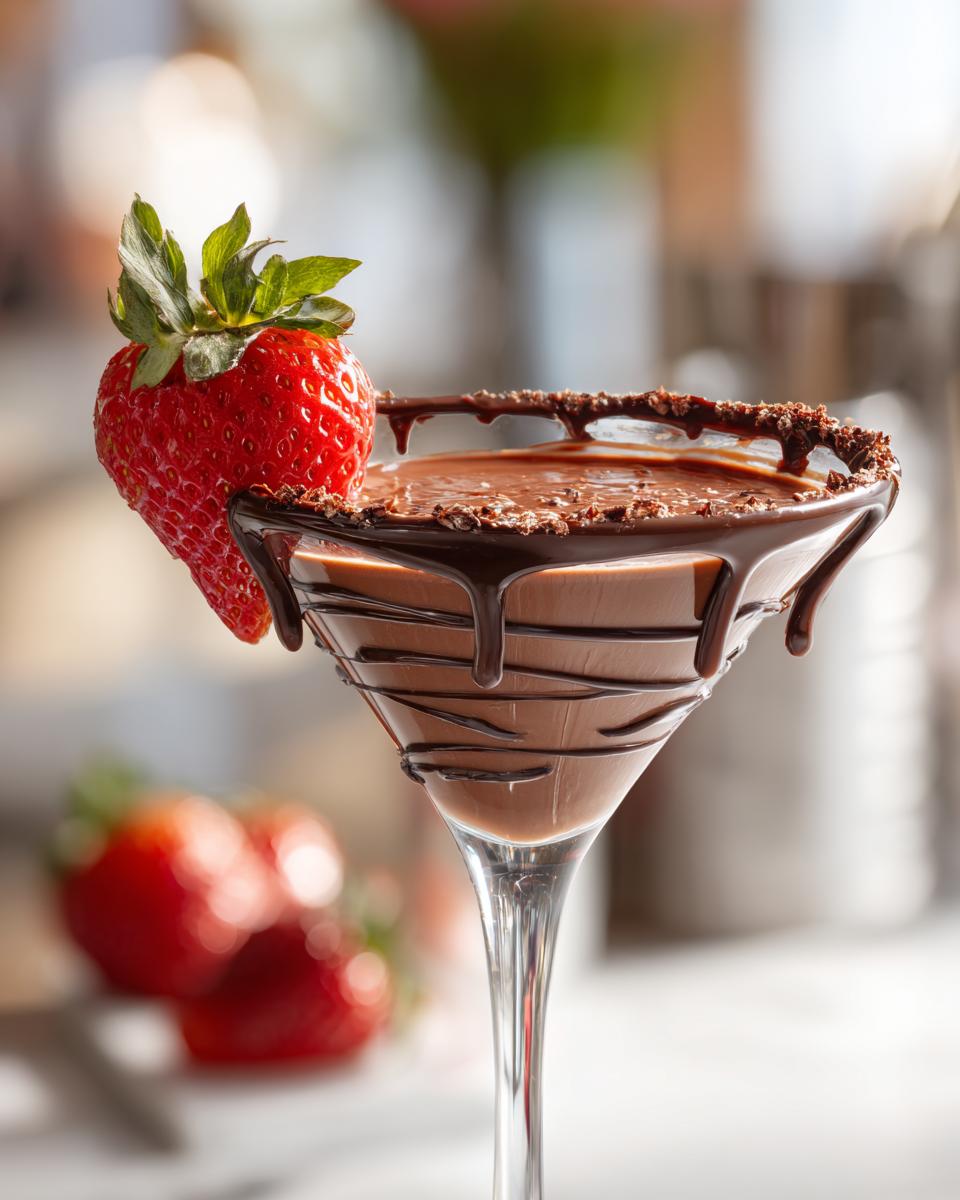 A decadent Valentine&rsquo;s Day Chocolate-Covered Strawberry Martini garnished with a fresh strawberry and chocolate drizzle.