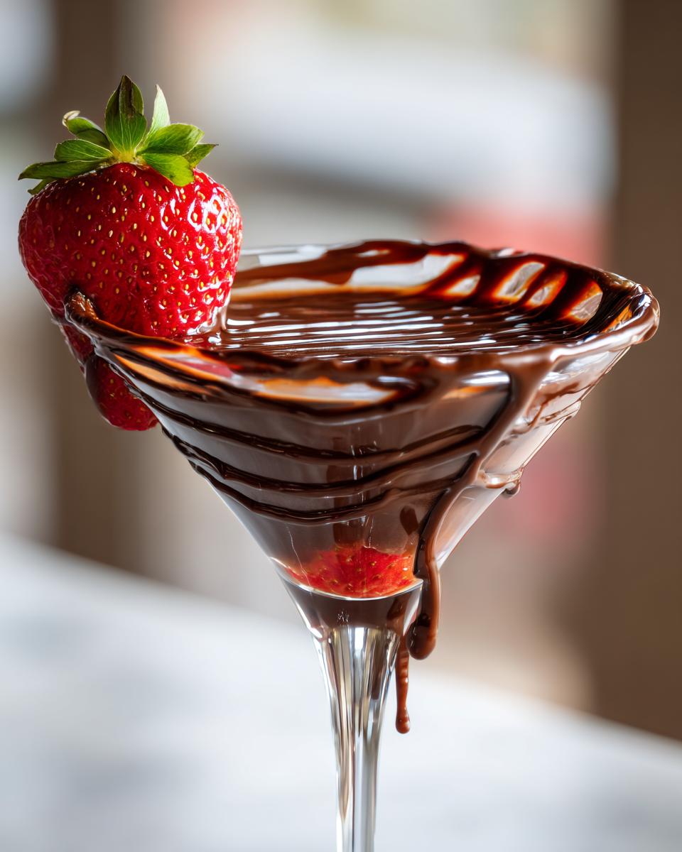 A festive Valentine's Day Chocolate-Covered Strawberry Martini garnished with a fresh strawberry and drizzled with chocolate.