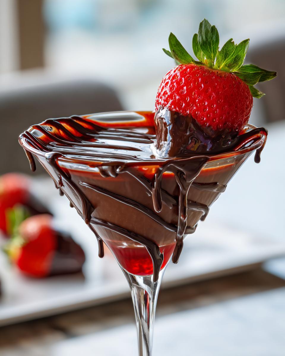 A decadent Valentine&rsquo;s Day Chocolate-Covered Strawberry Martini garnished with a fresh strawberry dipped in chocolate.