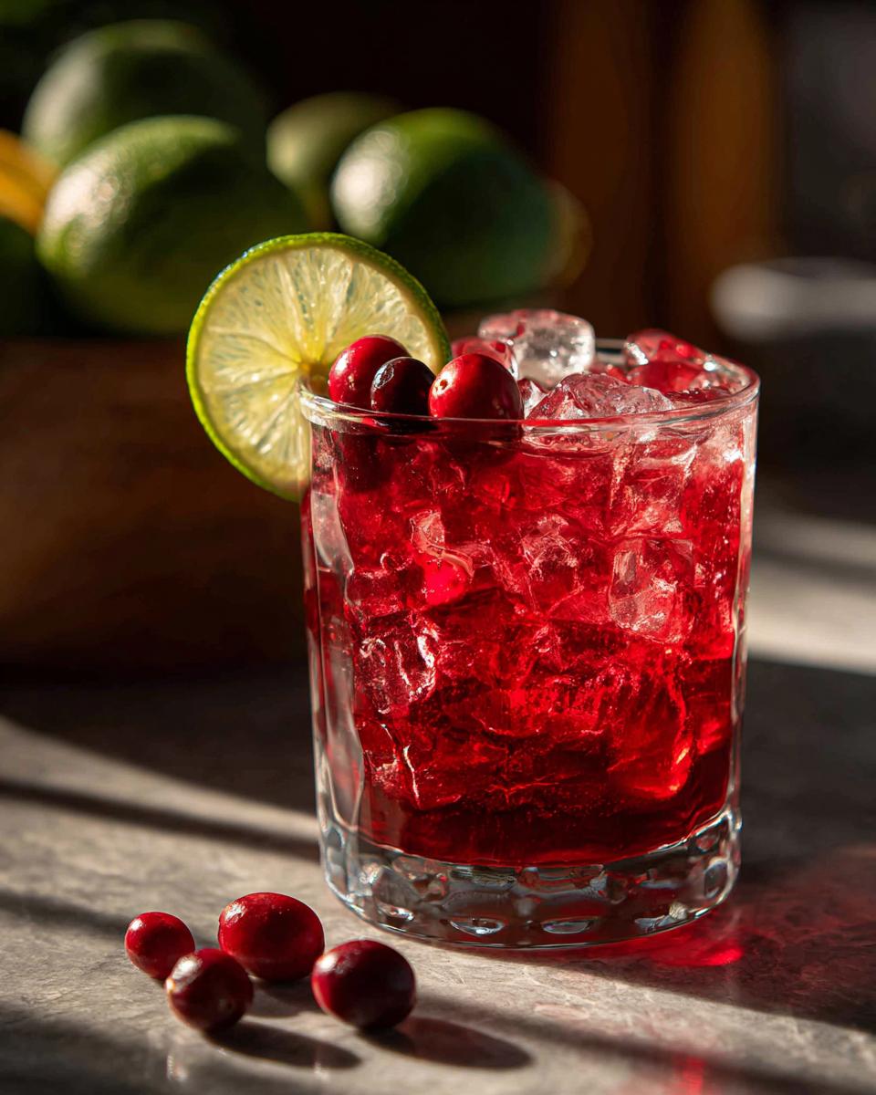 A festive Valentine’s Day Cupid’s Cranberry Kiss cocktail in a glass, garnished with cranberries and a lime slice, served with ice.
