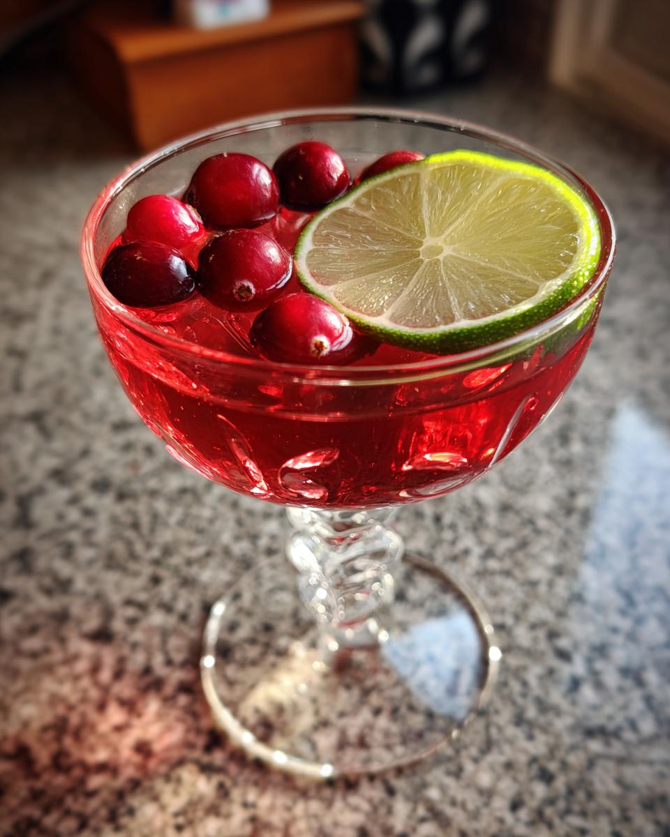 A close-up of a Valentine's Day Cupid's Cranberry Kiss cocktail in a stemmed glass, garnished with cranberries and a lime slice.