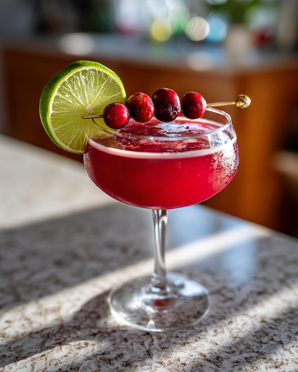 A vibrant red Valentine’s Day Cupid's Cranberry Kiss cocktail garnished with cranberries and a lime wheel.