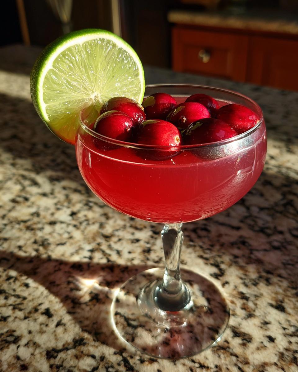 A festive Valentine’s Day Cupid’s Cranberry Kiss cocktail garnished with fresh cranberries and a lime slice.