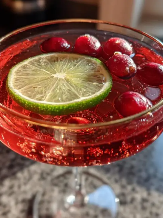 A festive Valentine’s Day Cupid’s Cranberry Kiss cocktail garnished with cranberries and a lime slice.