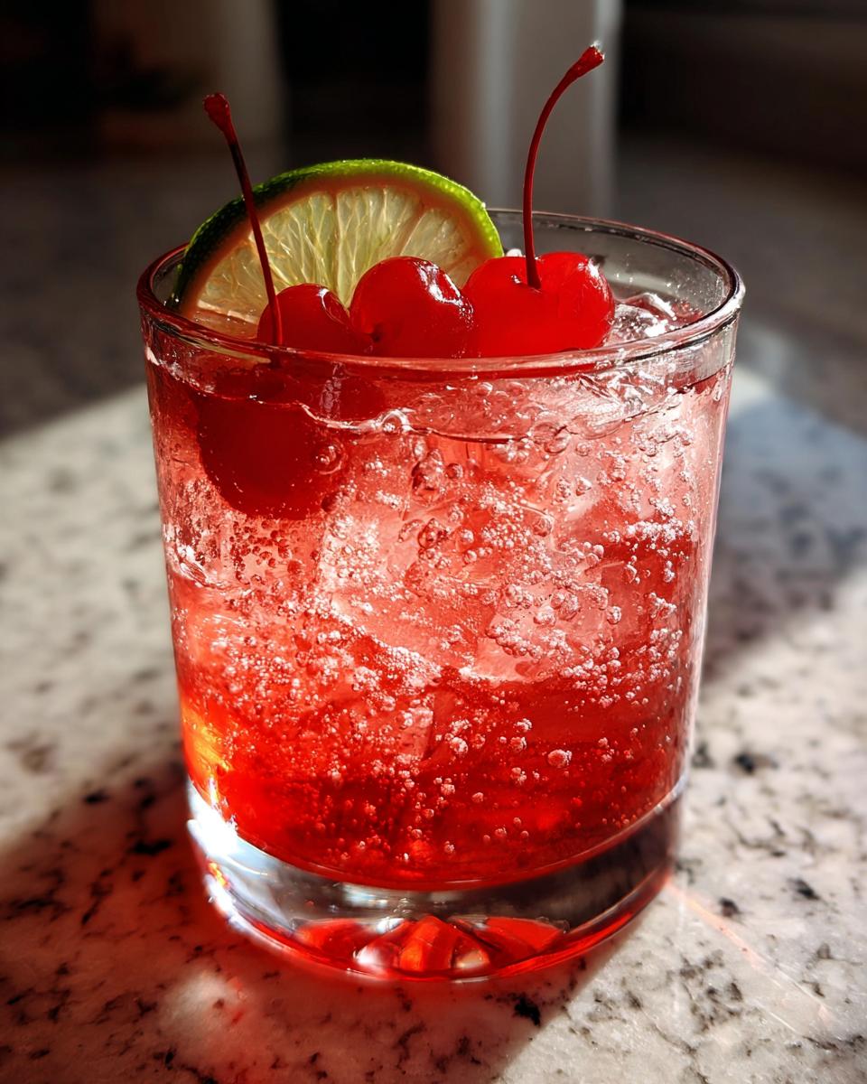 A vibrant red Valentine’s Day Love Potion Mocktail garnished with maraschino cherries and a lime slice, served over ice.