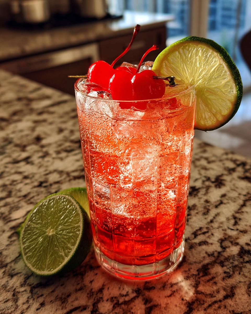 A festive Valentine's Day Love Potion Mocktail garnished with cherries and a lime slice, filled with ice and bubbles.