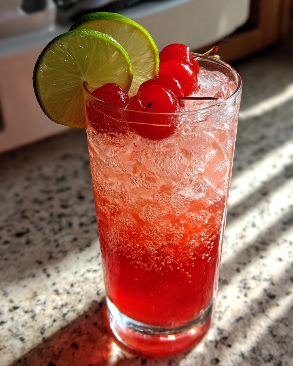 A refreshing Valentine's Day Love Potion Mocktail garnished with cherries and lime slices, filled with ice and bubbles.