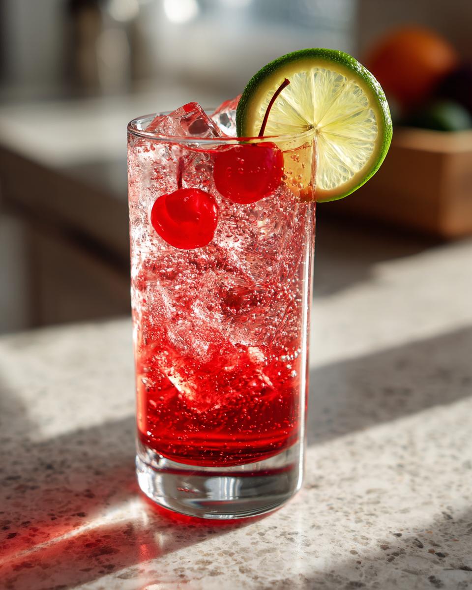 A refreshing Valentine’s Day Love Potion Mocktail in a tall glass, filled with ice, red liquid, and garnished with cherries and a lime slice.