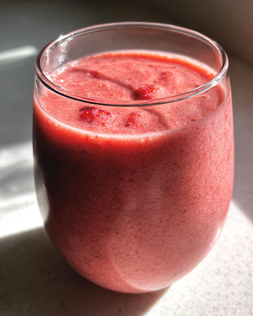 Close-up of a refreshing Valentine’s Day Pink Velvet Smoothie in a clear glass, with visible strawberry pieces.