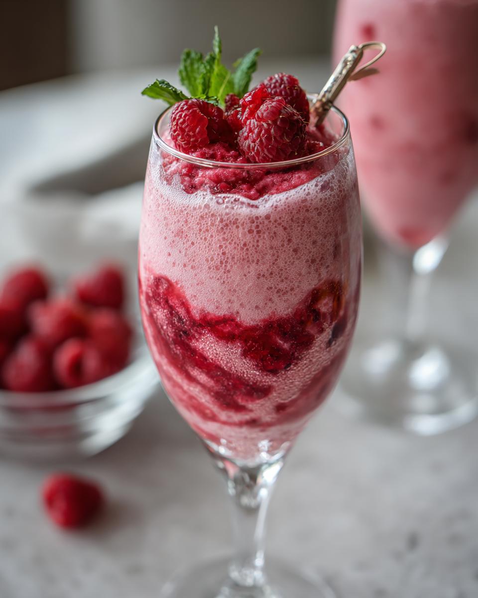 A festive Valentine’s Day Raspberry Champagne Float topped with fresh raspberries and mint.