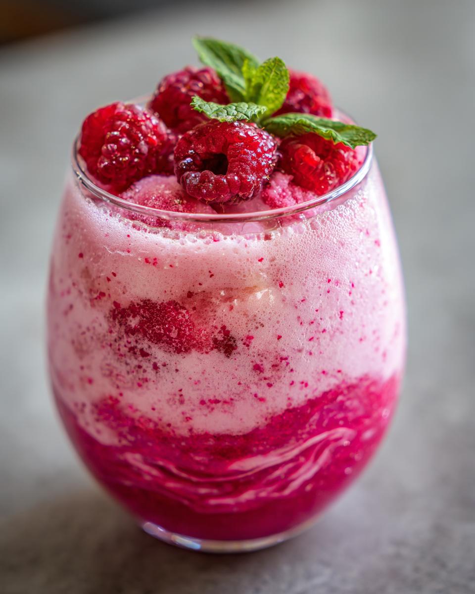 A festive Valentine’s Day Raspberry Champagne Float topped with fresh raspberries and mint.