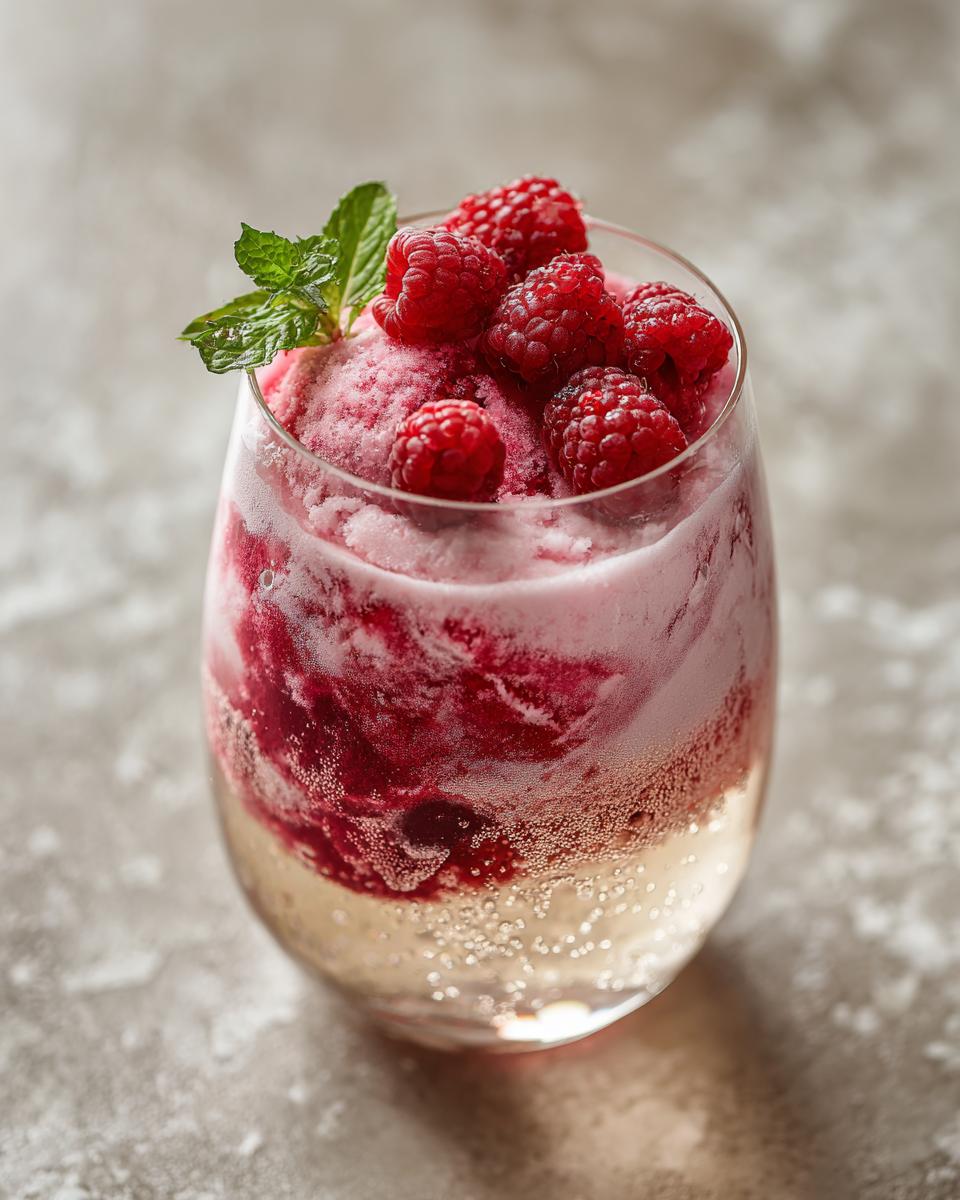 A festive Valentine’s Day Raspberry Champagne Float topped with fresh raspberries and mint.