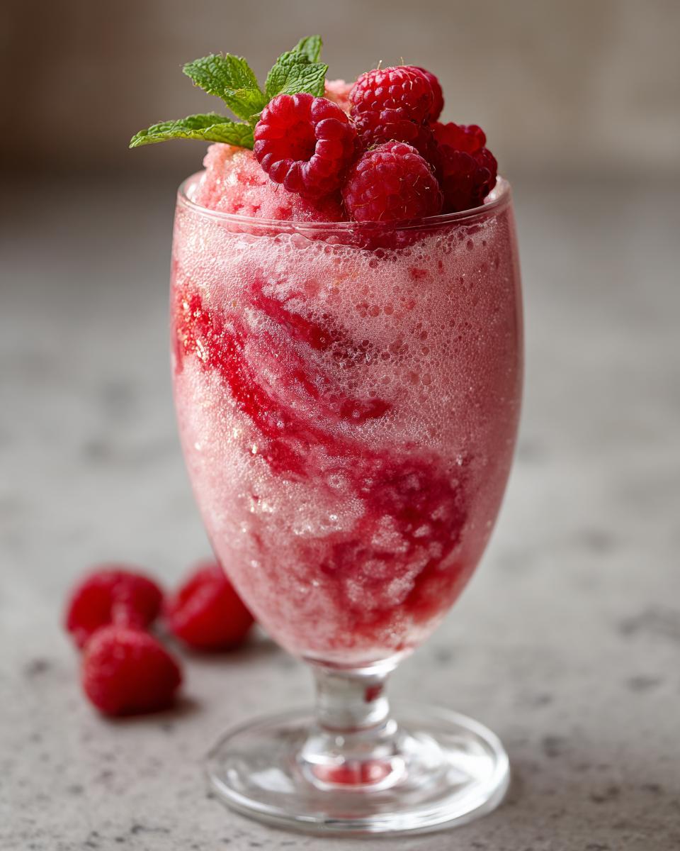 A festive Valentine’s Day Raspberry Champagne Float topped with fresh raspberries and mint.