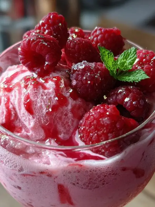 Close-up of a Valentine’s Day Raspberry Champagne Float topped with fresh raspberries and mint.