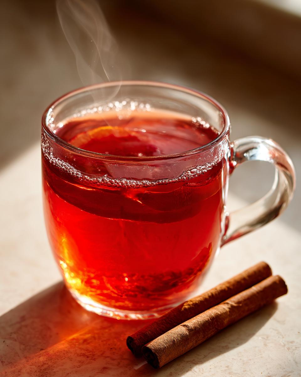 A steaming mug of Valentine’s Day Red Hot Cinnamon Cider with cinnamon sticks on the side.