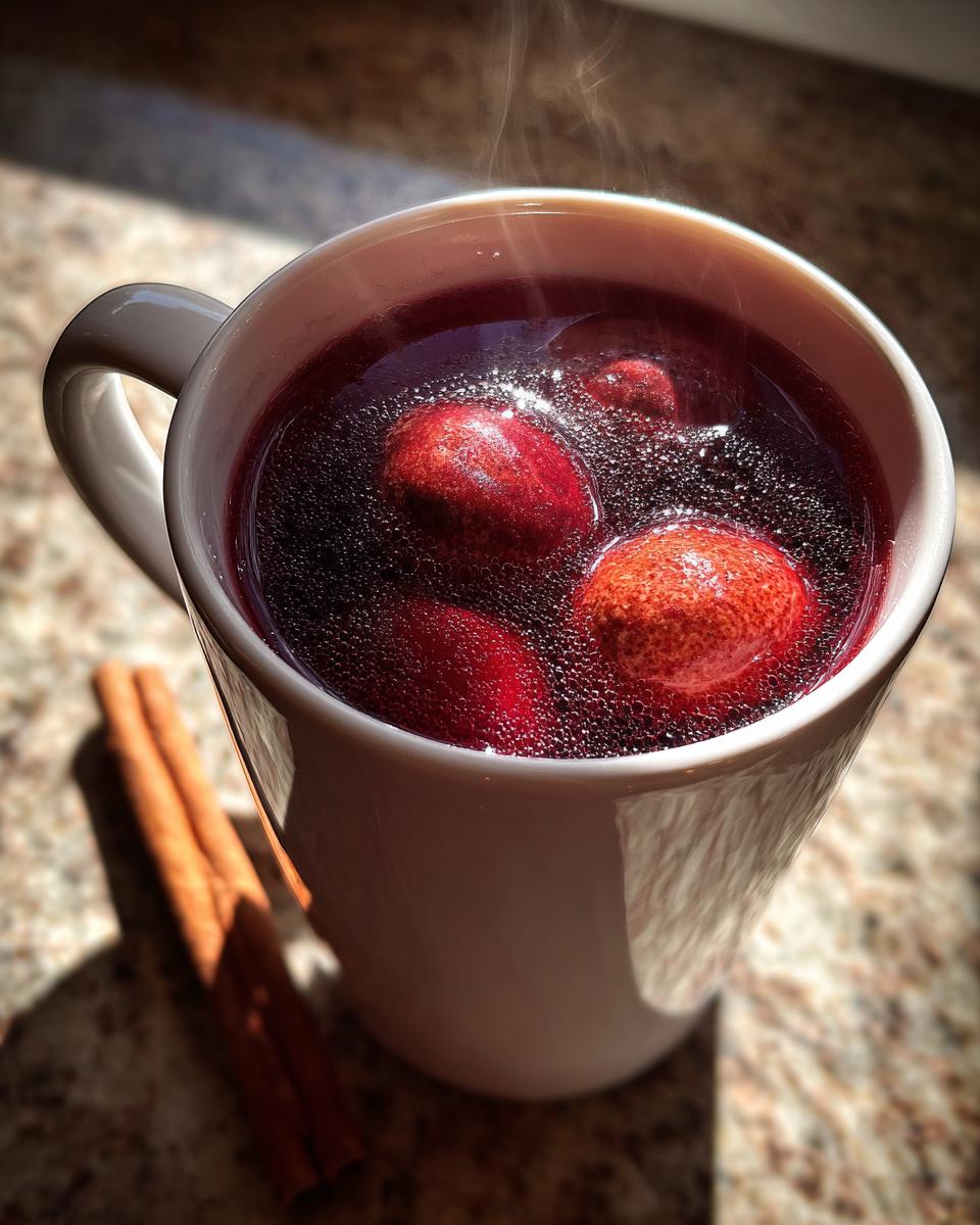 A steaming mug of Valentine’s Day Red Hot Cinnamon Cider with whole cinnamon sticks and red candies floating in the drink.