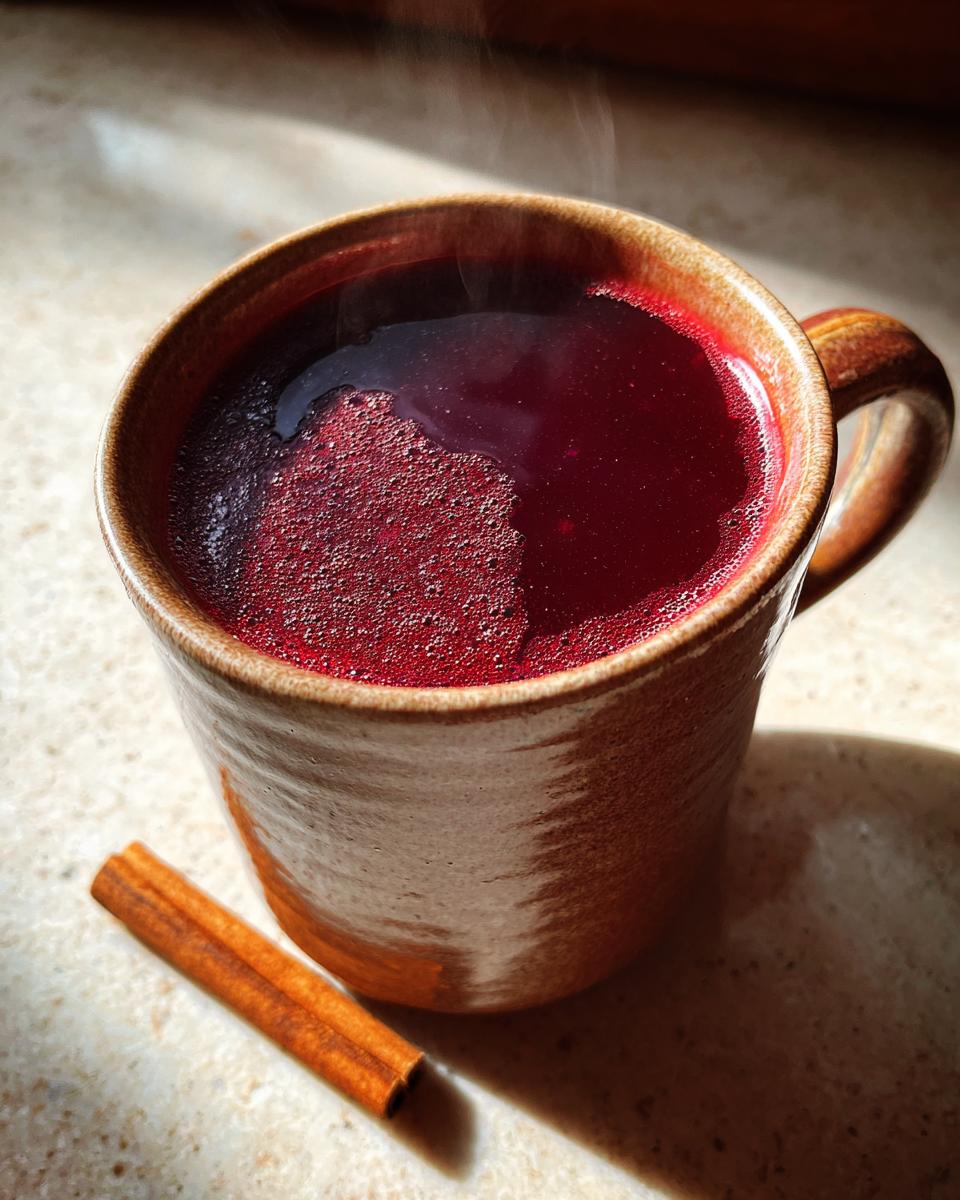 A steaming mug of Valentine’s Day Red Hot Cinnamon Cider with a cinnamon stick beside it.