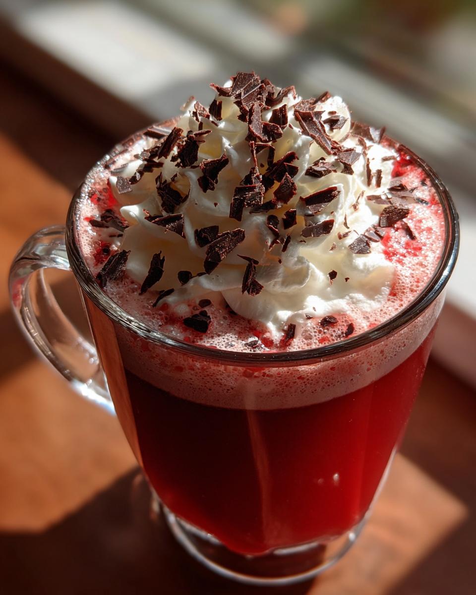 A close-up of a Valentine’s Day Red Velvet Hot Chocolate topped with whipped cream and chocolate shavings.