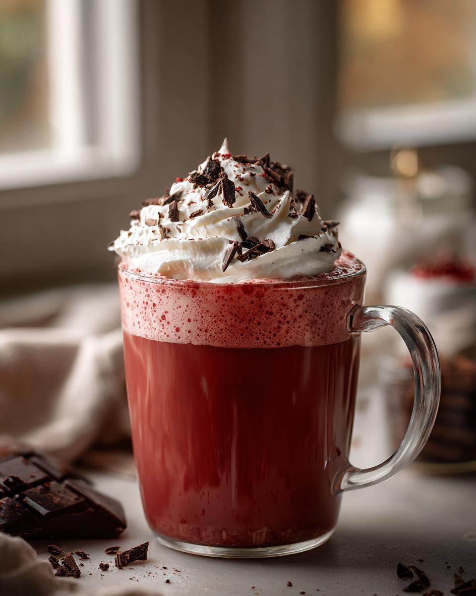 A festive mug of Valentine's Day Red Velvet Hot Chocolate topped with whipped cream and chocolate shavings.