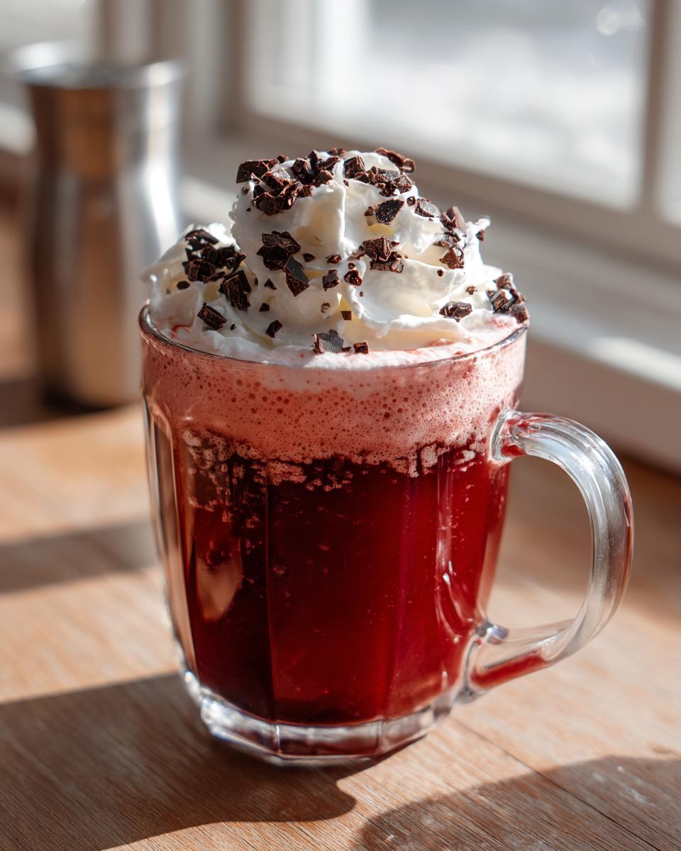 A festive mug of Valentine’s Day Red Velvet Hot Chocolate topped with whipped cream and chocolate shavings.