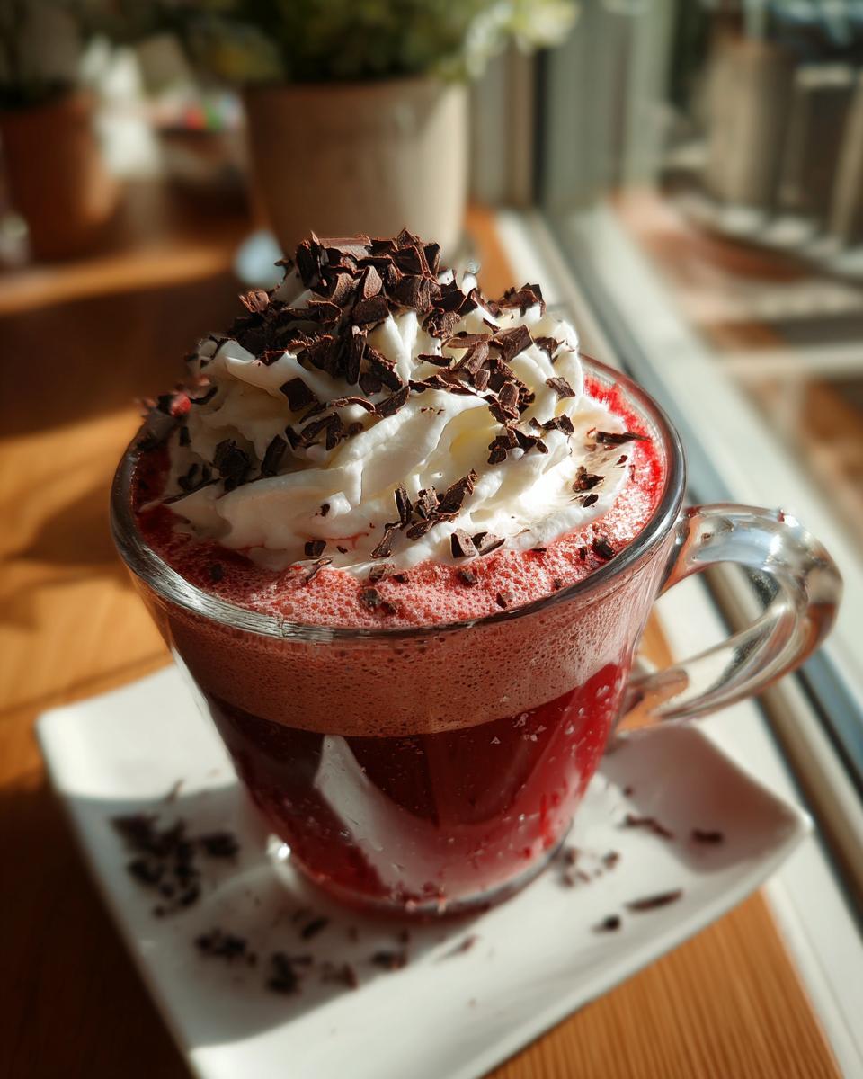 A festive Valentine's Day Red Velvet Hot Chocolate topped with whipped cream and chocolate shavings.