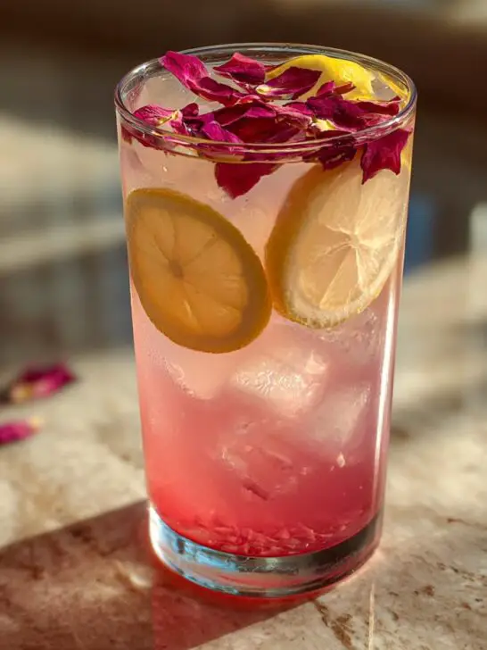 A refreshing glass of Valentine’s Day Rose Petal Lemonade with lemon slices and rose petals, garnished with ice.