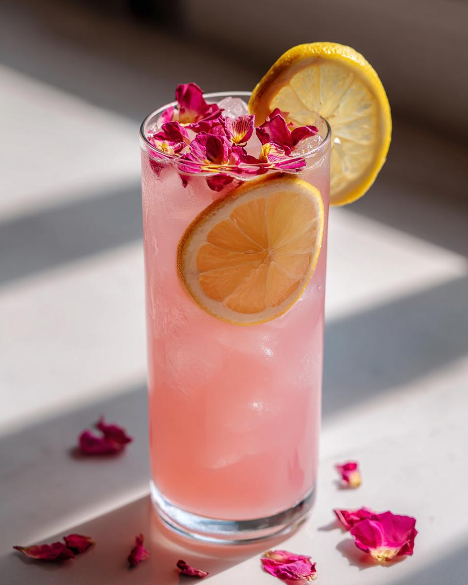 A refreshing glass of Valentine’s Day Rose Petal Lemonade, garnished with lemon slices and rose petals.
