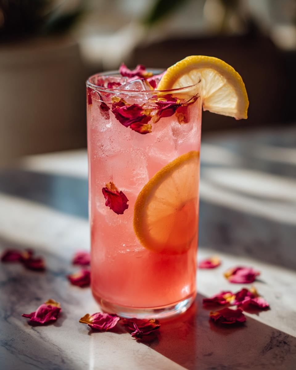 A refreshing Valentine's Day Rose Petal Lemonade in a tall glass, garnished with lemon slices and rose petals, with scattered petals on the side.