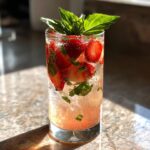 A refreshing Valentine’s Day Strawberry Basil Sparkler cocktail filled with fresh strawberries, basil, and ice.