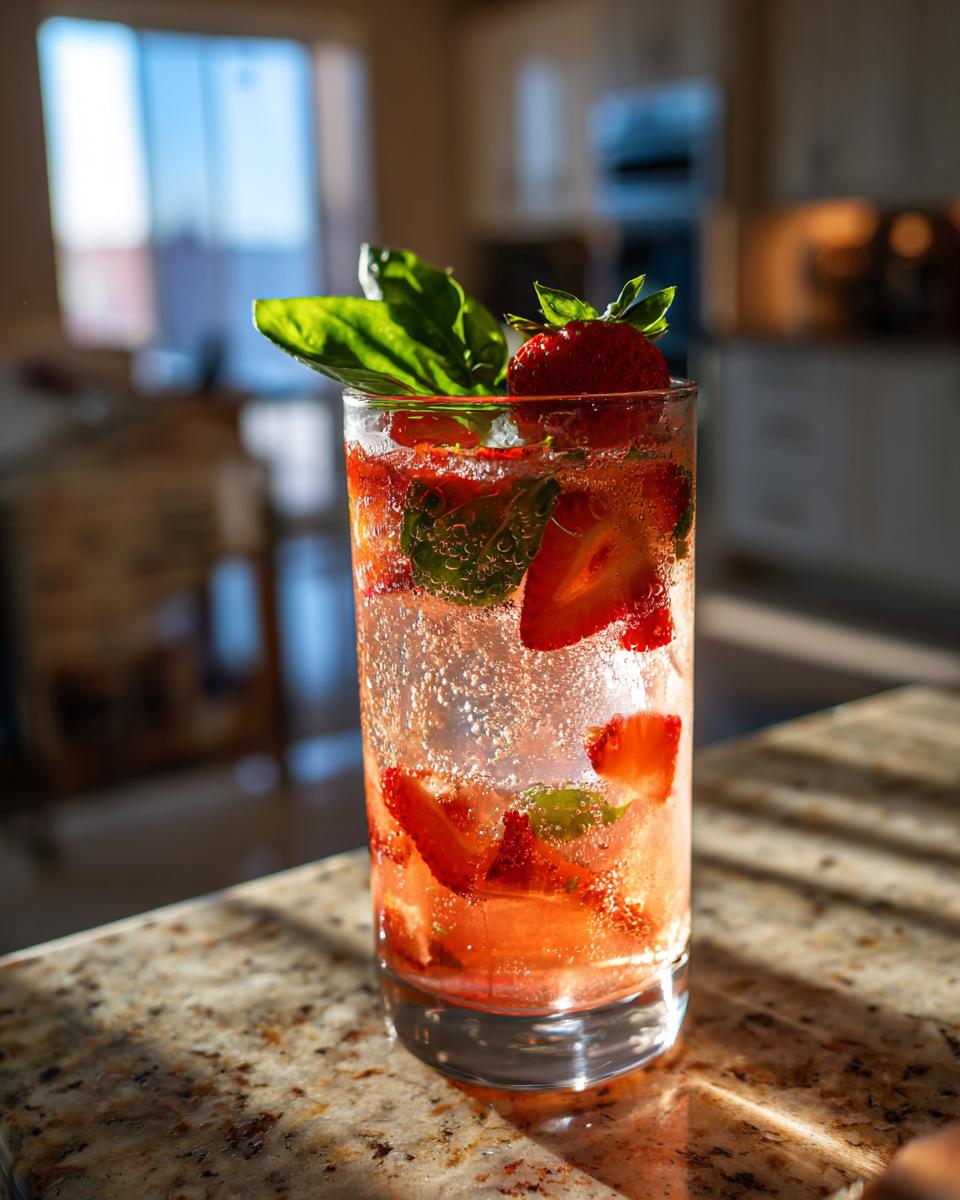A refreshing Valentine’s Day Strawberry Basil Sparkler with fresh strawberries and basil in a tall glass.