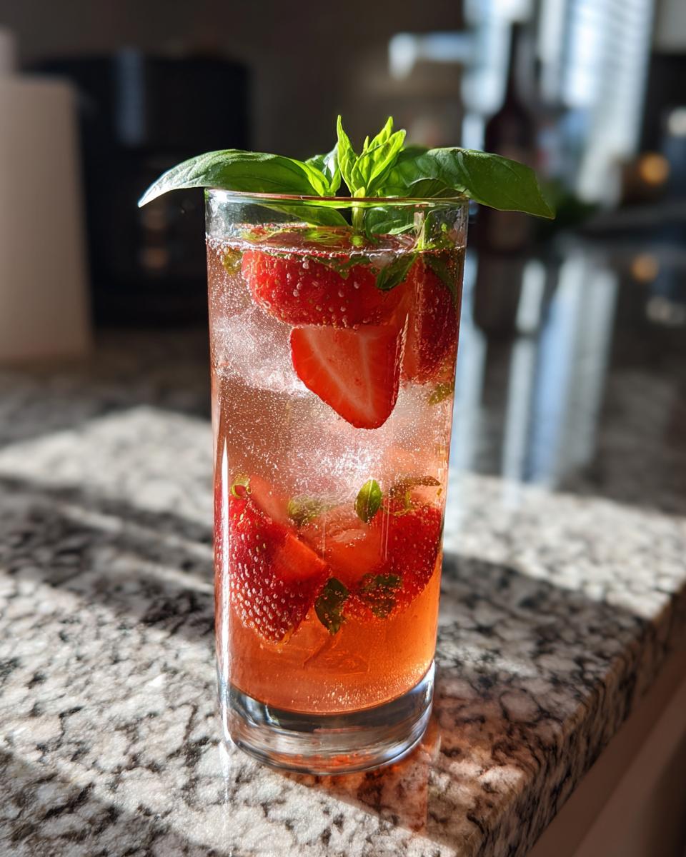 A refreshing Valentine’s Day Strawberry Basil Sparkler with fresh strawberries and basil leaves in a tall glass.
