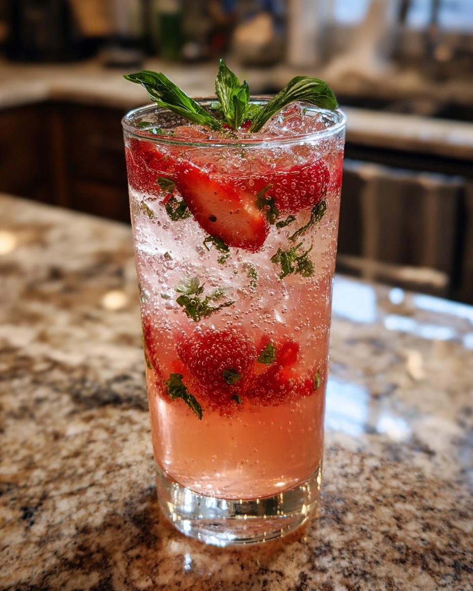 Close-up of a Valentine’s Day Strawberry Basil Sparkler in a glass with fresh strawberries and basil.