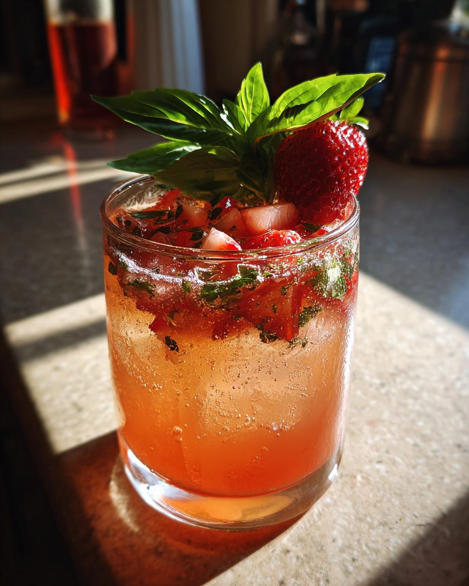 A refreshing Valentine's Day Strawberry Basil Sparkler cocktail in a glass, garnished with fresh basil and a strawberry slice.