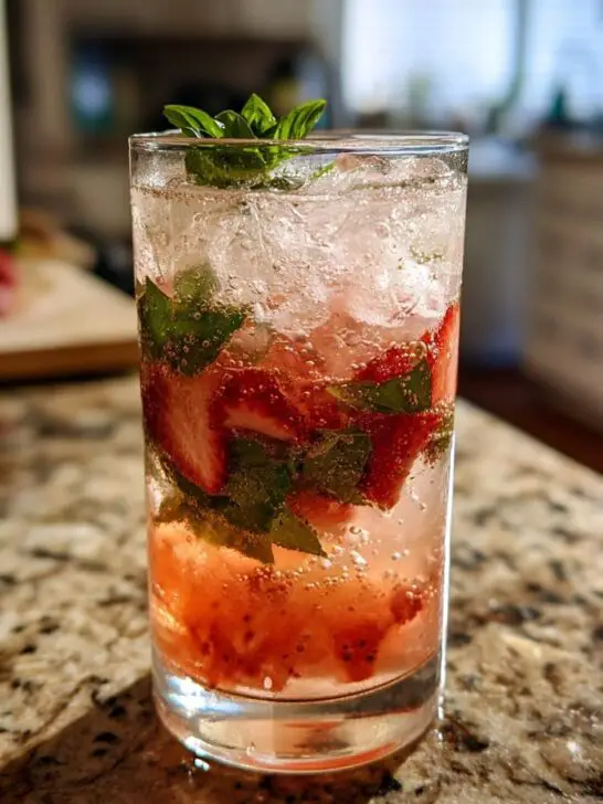 A refreshing Valentine’s Day Strawberry Basil Sparkler with fresh strawberries and basil in a tall glass filled with ice and sparkling water.