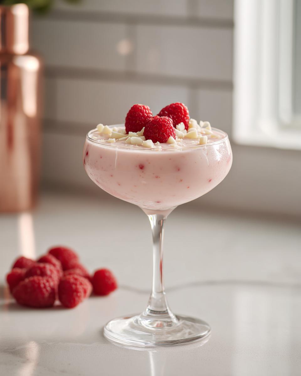 A festive Valentine’s Day White Chocolate Raspberry Martini garnished with fresh raspberries and white chocolate shavings.