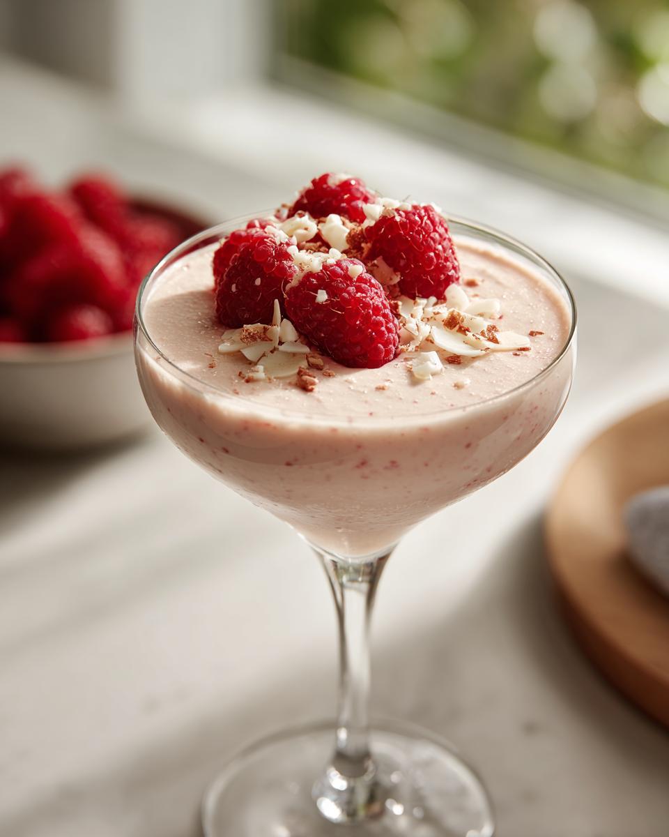 A Valentine’s Day White Chocolate Raspberry Martini topped with fresh raspberries and slivered almonds.