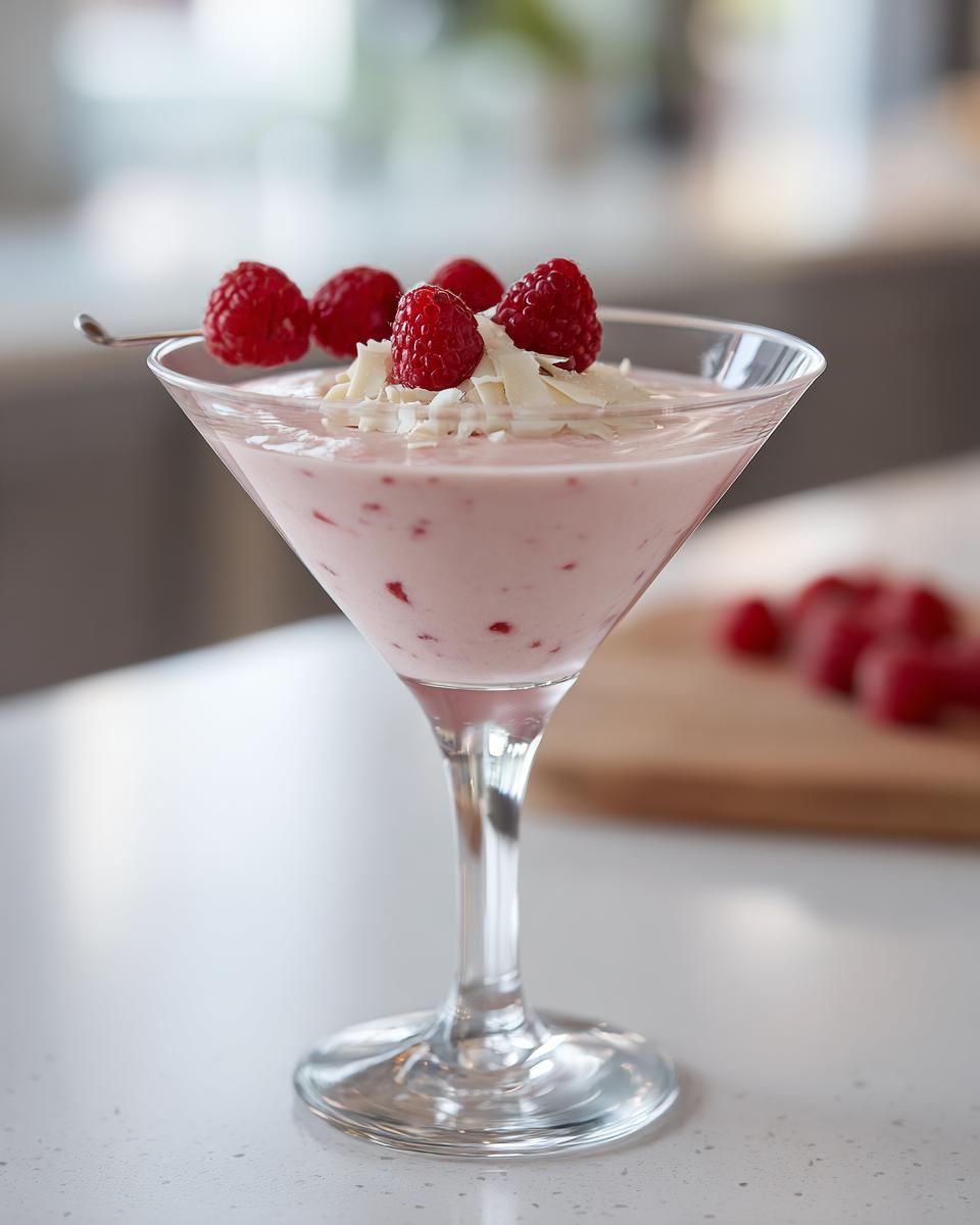 A festive Valentine’s Day White Chocolate Raspberry Martini garnished with fresh raspberries and white chocolate shavings.