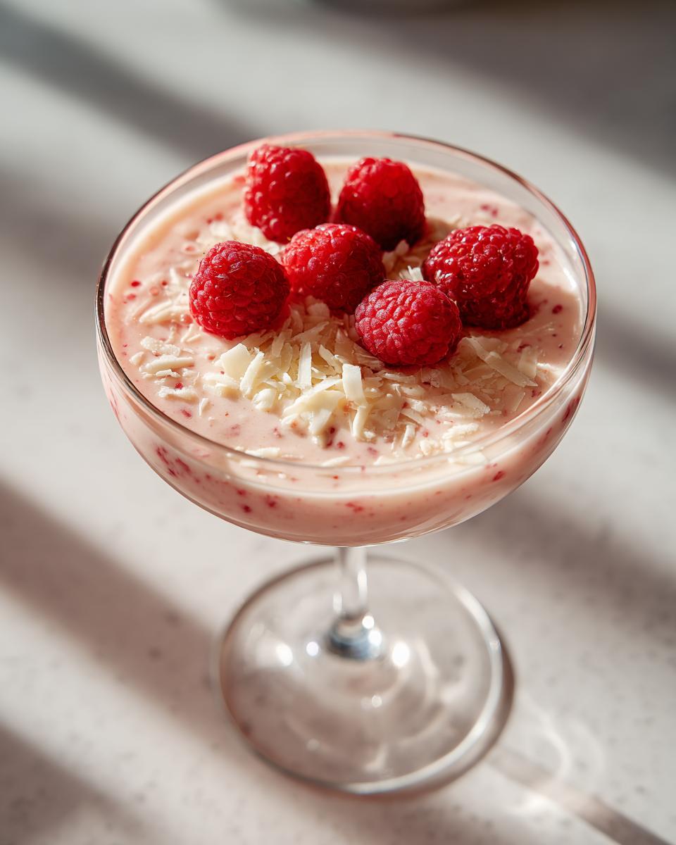 A festive Valentine’s Day White Chocolate Raspberry Martini garnished with fresh raspberries and white chocolate shavings.