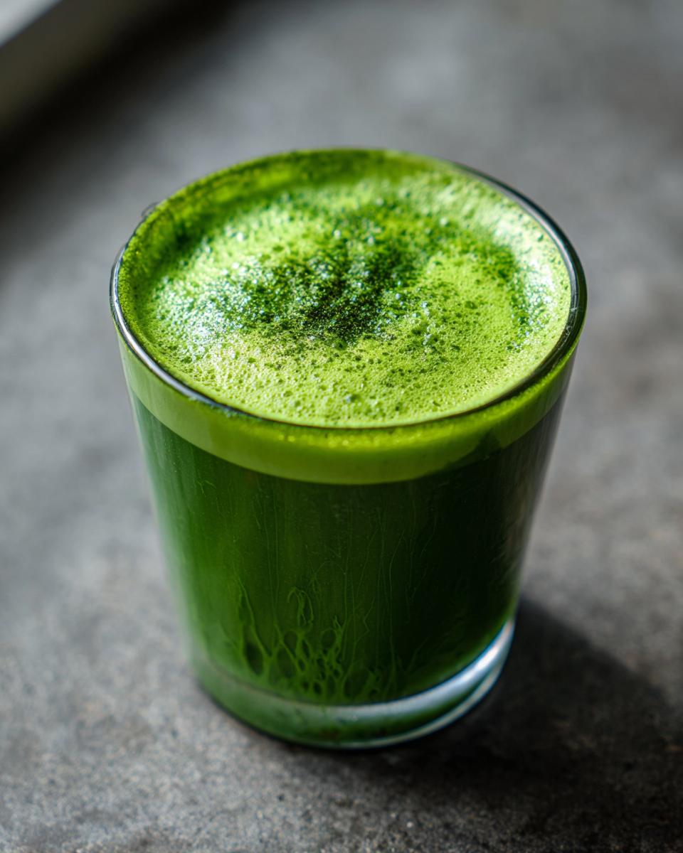 A vibrant green Apple Carrot Ginger Energy Juice with a foamy top in a clear glass, ready for a boost.