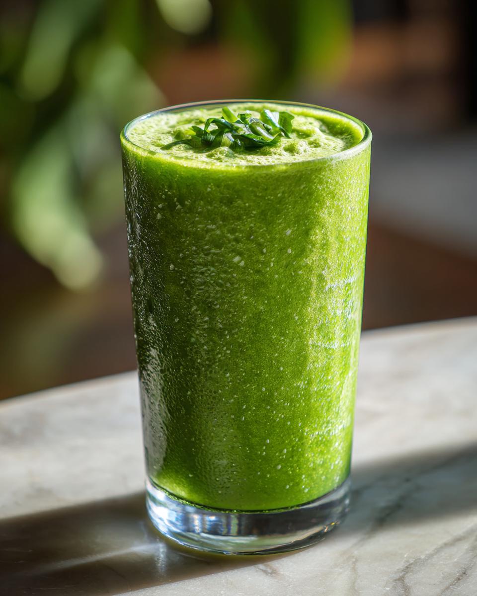 A tall glass filled with vibrant green Apple Carrot Ginger Energy Juice, topped with fresh green herbs.