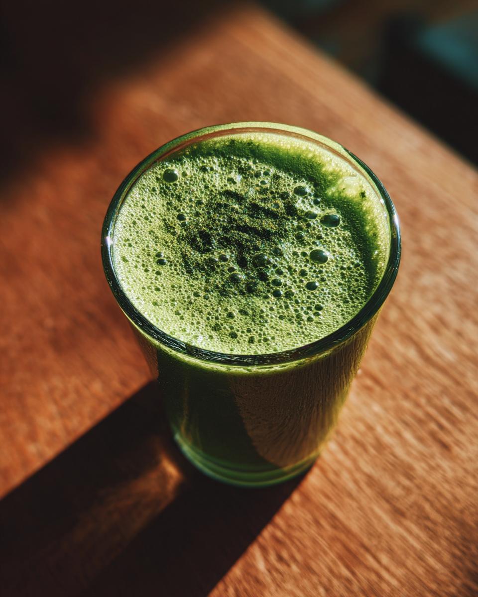 A glass of vibrant green Apple Carrot Ginger Energy Juice with frothy bubbles on top, set on a wooden table.