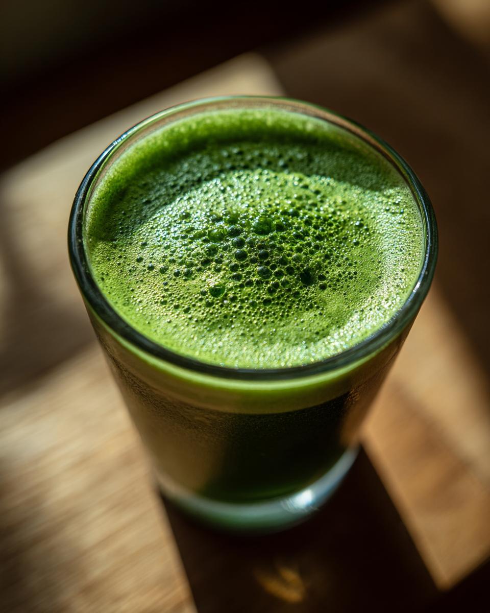 Close-up of a glass filled with vibrant green Apple Carrot Ginger Energy Juice, topped with frothy bubbles.