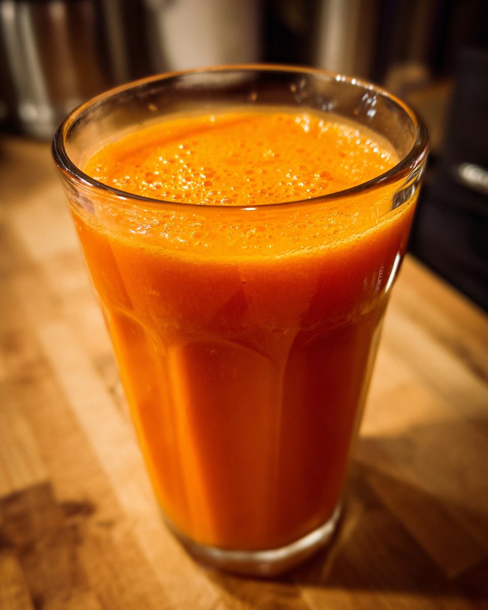 A close-up of a glass filled with vibrant orange Apple Carrot Ginger Energy Juice, topped with a layer of foam.