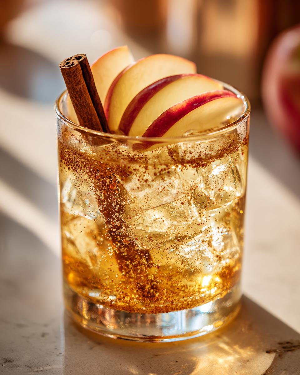 A refreshing Apple Cinnamon Sparkling Mocktail in a glass, garnished with apple slices and a cinnamon stick, with edible glitter.