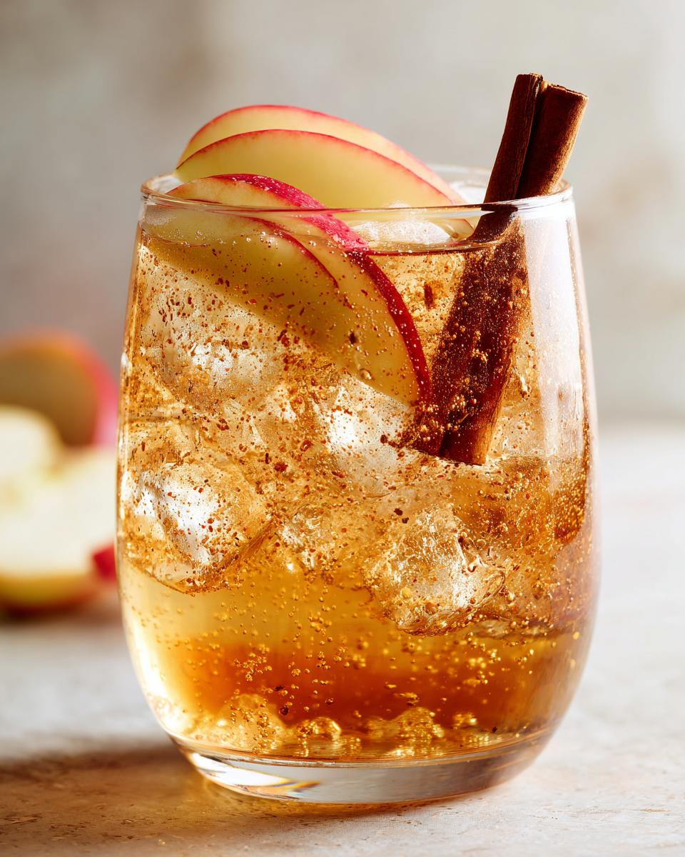 Close-up of a refreshing Apple Cinnamon Sparkling Mocktail in a glass, filled with ice, apple slices, and a cinnamon stick.